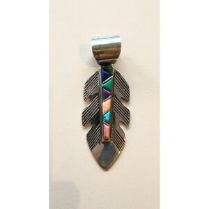Lynol Yellowhorse Sterling Silver Feather Inlay Pendant Turquoise Coral Lapis